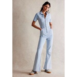 New Free People Jayde Flare Jumpsuit Denim Jean We The Free Whimsy Blue Medium